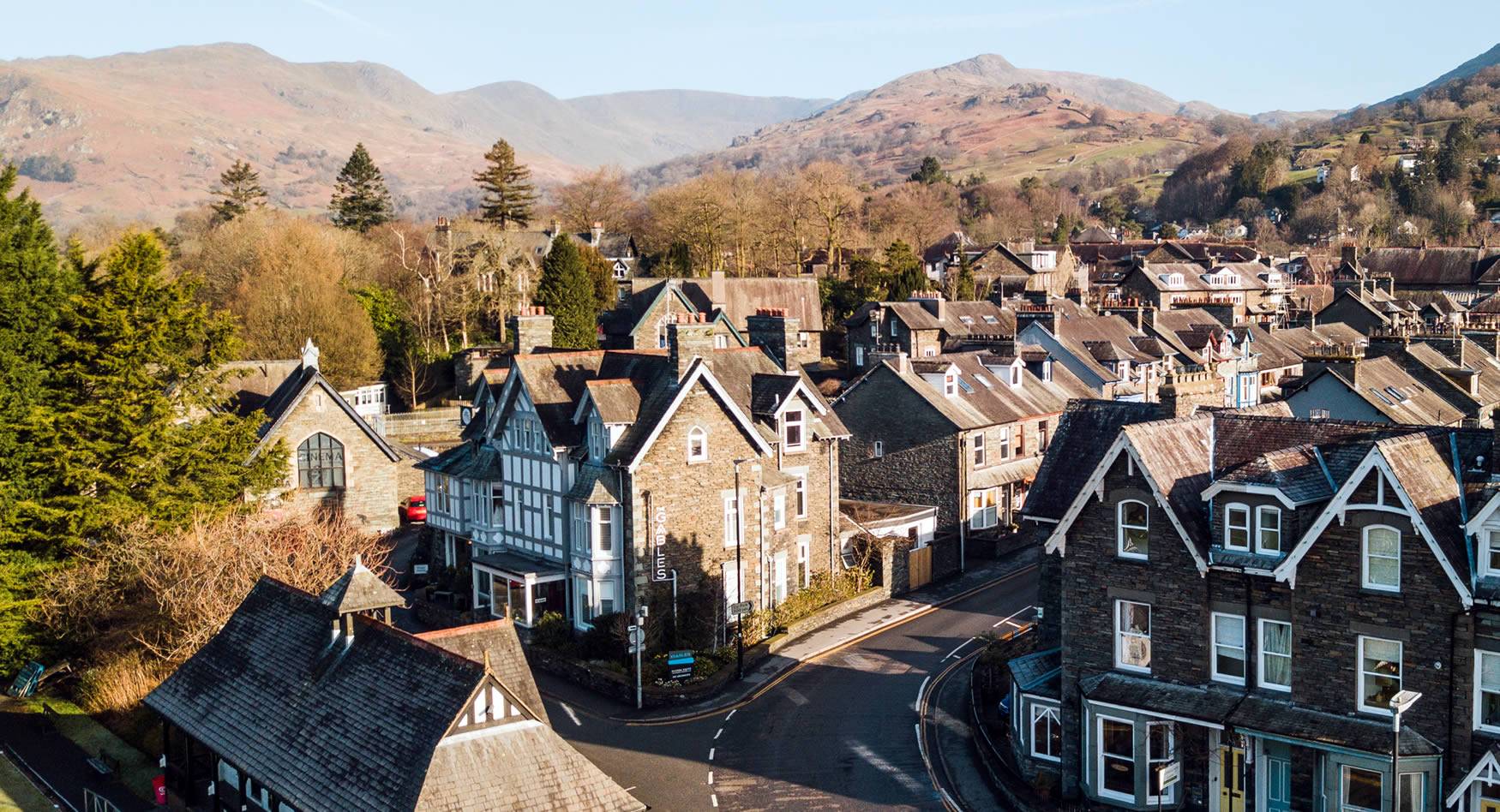 Aerial view of Willowbeck House Guest House, a Victorian stone house in Windermere